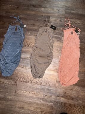 New With Tags, Halter Ruched Bodycon Dress - Blue, Taupe, Rose